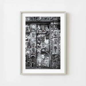 Monochrome graffiti wall with window in Shoreditch London