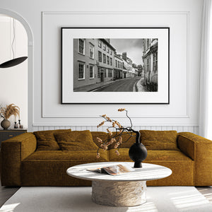 Historic English street captured in soft toned monochrome