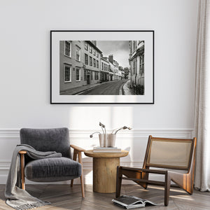 Monochrome view of historic Oxford townhouses