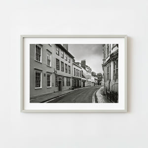 Oxford street with historic buildings in monochrome