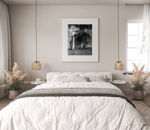 Black and white image of decaying brick wall