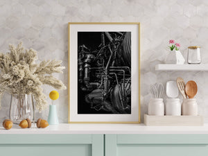 Industrial components of the F-1 engine in black and white