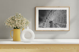 Sydney Ferris Wheel Geometry Against Dark Clouds Black and White Photography