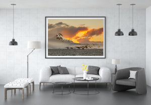 Warm sunset clouds contrast with a snow-covered mountain and dark Antarctic sea.