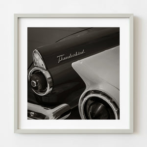 Ford Thunderbird tail fin detail in black and white