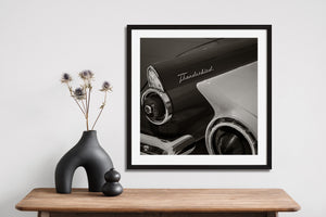 Black and white classic Ford automobile detail