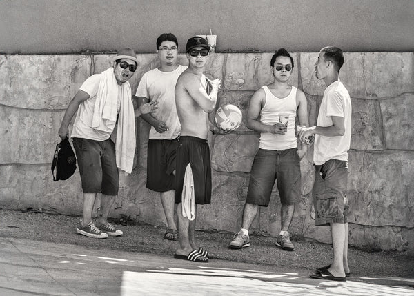 Group of friends beach black and white photo