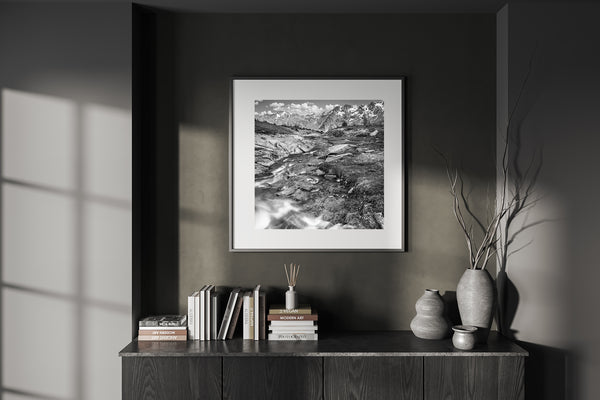 Black and white mountain stream wall art