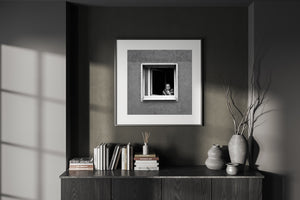 A pale window frame surrounds a woman against a dark interior in Frankfurt.