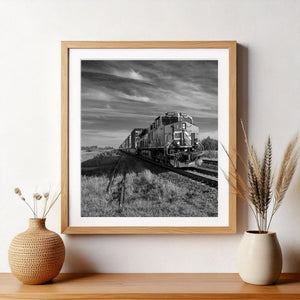 Railway tracks converge beside a freight train in the Saskatchewan countryside