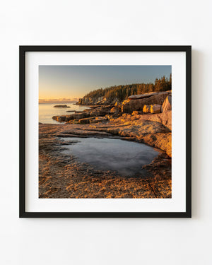 A frozen puddle rests among golden sunlit rocks on Acadia’s coast at sunrise
