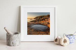 A frozen rock pool contrasts with warm sunrise light along Acadia National Park’s shore