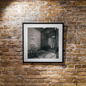 Black and white architectural interior of the old jail in Gardner, Illinois