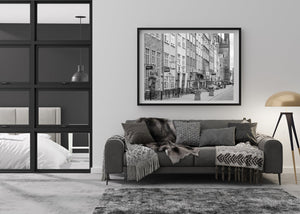 Monochrome architectural photograph of Gdańsk with decorative stonework and repeated windows