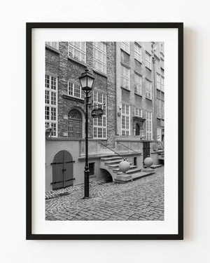 A streetlamp stands before the brick library façade and stone steps on Mariacka Street in Gdańsk in black and white