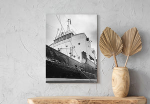 Black and white maritime photograph of a merchant vessel’s bridge and mast in Gdańsk