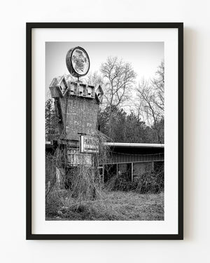 An abandoned Georgia furniture store sign rises above tangled vines in a black and white photograph