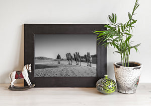 Black and white travel photograph of a herder leading camels over desert dunes