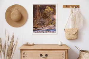 Golden branches rise against a textured canyon wall above blue-grey creek water