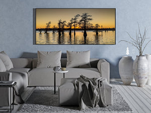 Vista panorámica del lago Caddo con reflejos del atardecer