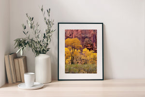 Autumn trees glow against rust-red sandstone in a Zion landscape photograph