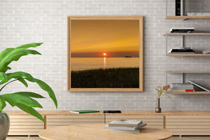 Golden evening light stretches across water beneath a broad warm sky