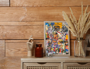 Abstract graffiti composition, featuring a kaleidoscope of vibrant colors, splattered paint, and enigmatic patterns, reflecting the spontaneity of city art.