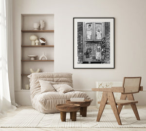 Weathered wood and dark brick frame overlapping London street art