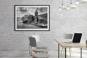 Wooden lighthouse near Grand Island Michigan landscape