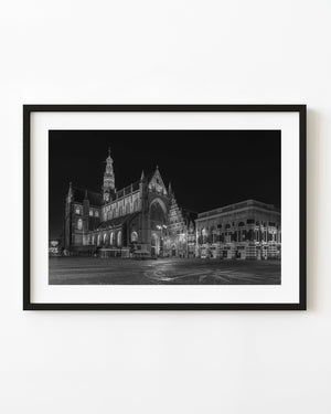St Bavo Church and Haarlem’s square glow at night in black and white