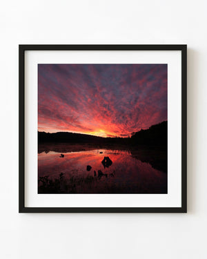 Red and orange sunrise clouds reflect across a Haliburton lake dotted with dark tree stumps