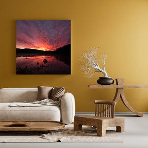 A square landscape photograph captures glowing clouds and mirrored dawn colour