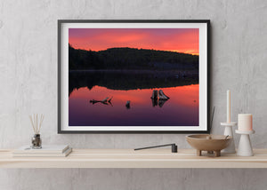 Calm water doubles a wooded shoreline beneath a luminous Haliburton dawn