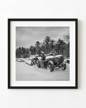 Antique steam traction engine in snow in Haliburton Ontario