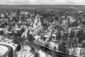 A black and white aerial view reveals Haliburton village after fresh snowfall