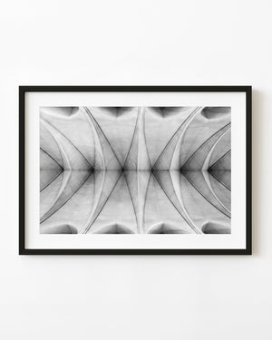 Ceiling of Hallgrimskirkja Lutheran Church in black and white