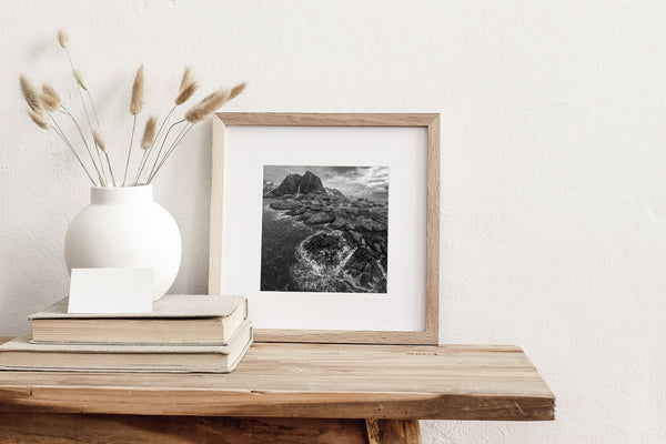 Monochrome Lofoten cabins with mountains