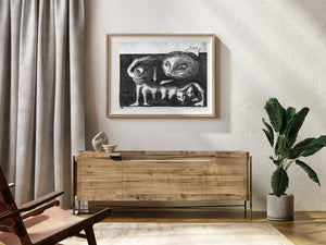 Monochrome wall-art detail of a fantastical creature and expressive faces in Havana, Cuba.