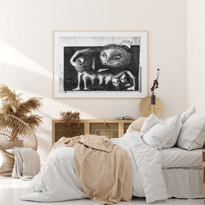 Multiple faces emerge from a surreal painted creature on a textured Havana wall.