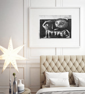 Black and white photograph of Havana street art with large eyes and a long curved creature.