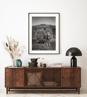 Rural landscape with farmer and hay wagon