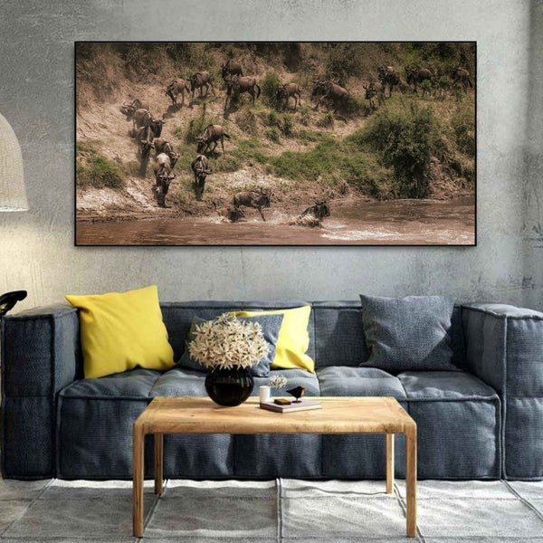 Herd of wildebeest descending the Mara River bank | Photo Art Print fine art photographic print