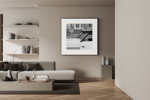 Black and white image of streamlined classic car