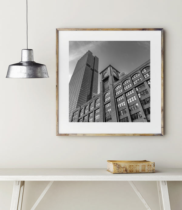 Chicago skyline with clock tower in black and white