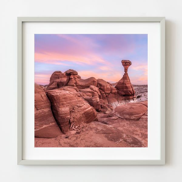 Hoodoos in the desert at sunset