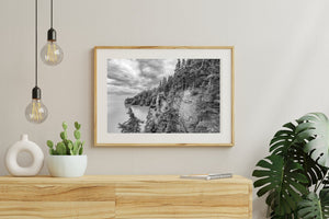 Black and white coastal photograph of Hopewell Cape’s wooded cliffs and sea stacks.