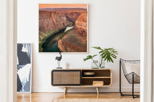 Horseshoe Bend canyon photograph with rugged sandstone and the Colorado River far below.