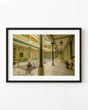 Interior of restored Hotel Raquel in Havana, ornate ceiling