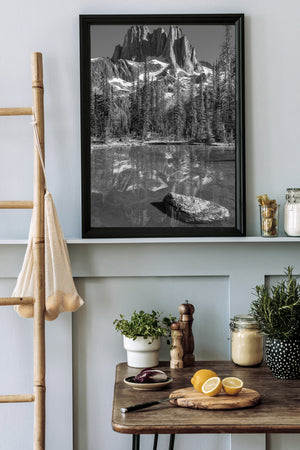 Monochrome photograph of sharp mountain peaks reflected beneath an evergreen forest.
