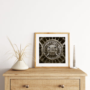 Black and white photo of vault door